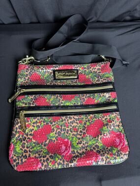 Betsey Johnson Leopard Red Rose Sequin Crossbody Bag Purse